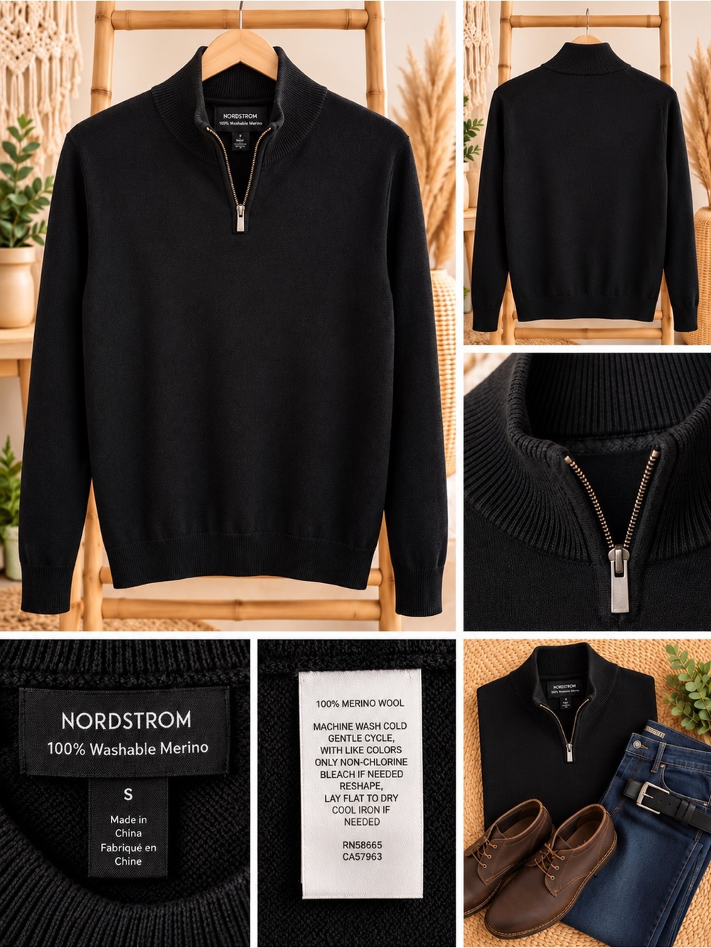 Nordstrom Men's Black Washable Merino Quarter-Zip Sweater Size S